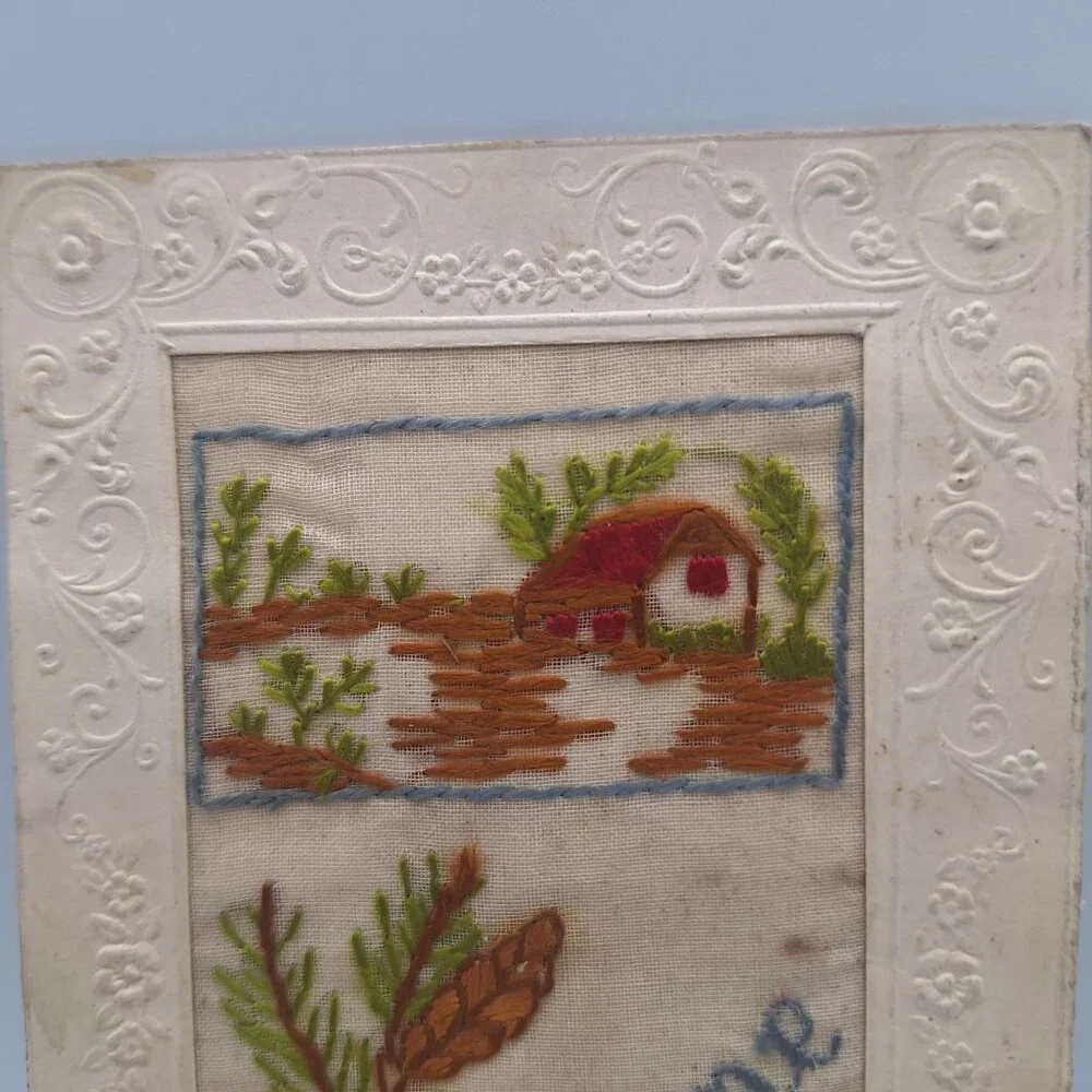 Vintage PR Bonne Année Embroidered Postcard Cottage Pinecones Embossed Frame Fra